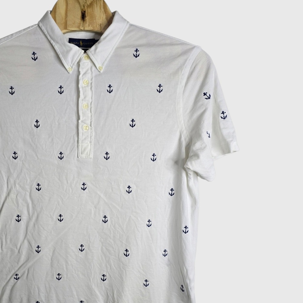 Ralph Lauren Mens XXL Knit Oxford Polo Shirt White Blue Anchor Embroidered Short